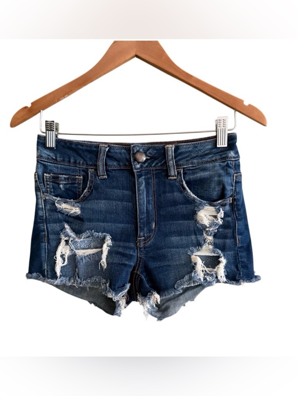 American Eagle Outfitters Dark Blue Distressed Super Stretch Shortie Shorts